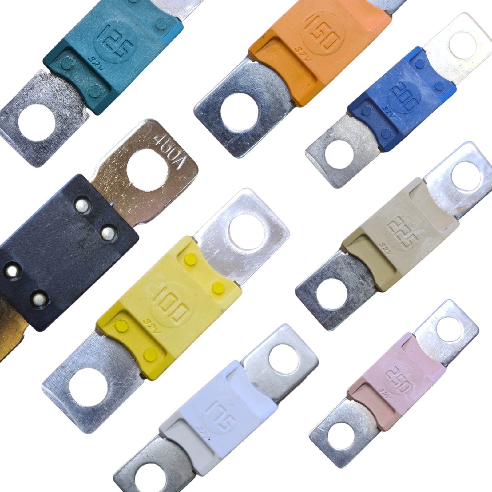 Assorted colored mega fuses for campervan, off-grid, and marine electrical systems on white background.