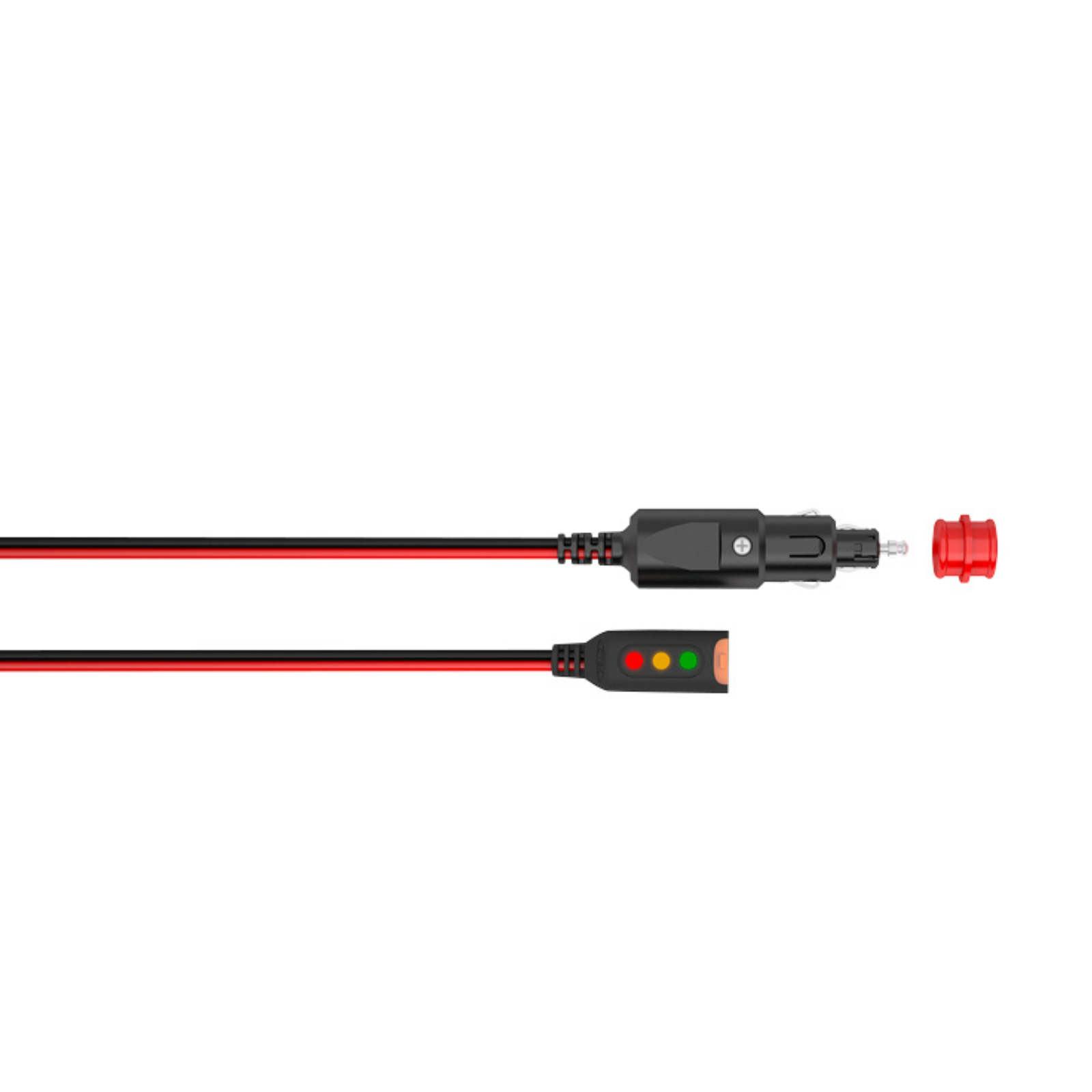 12V car charger cable with battery status indicator and red safety cap, ideal for campervans