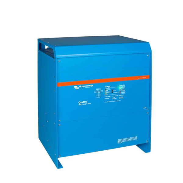 Blue Victron Quattro 48V 15000VA inverter charger, left side view, for off-grid power
