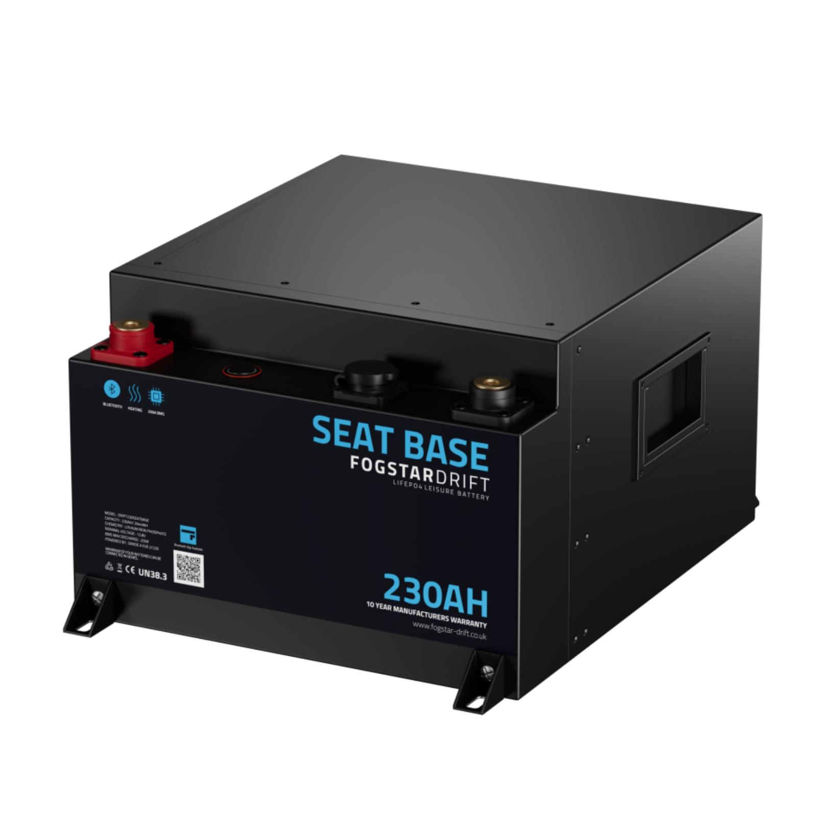 12V 230Ah lithium leisure battery with black seat base design for campervan and marine use