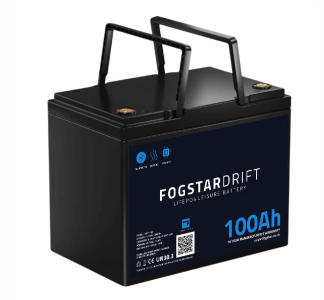 100Ah LiFePO4 leisure battery with handles, Fogstar Drift label, for campervans or marine use