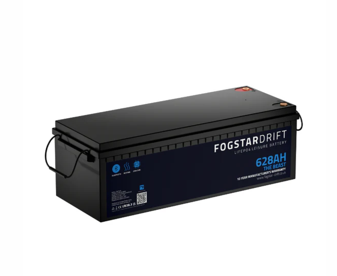 Fogstar Drift LiFePO4 628Ah leisure battery with black casing, ideal for campervan or marine use