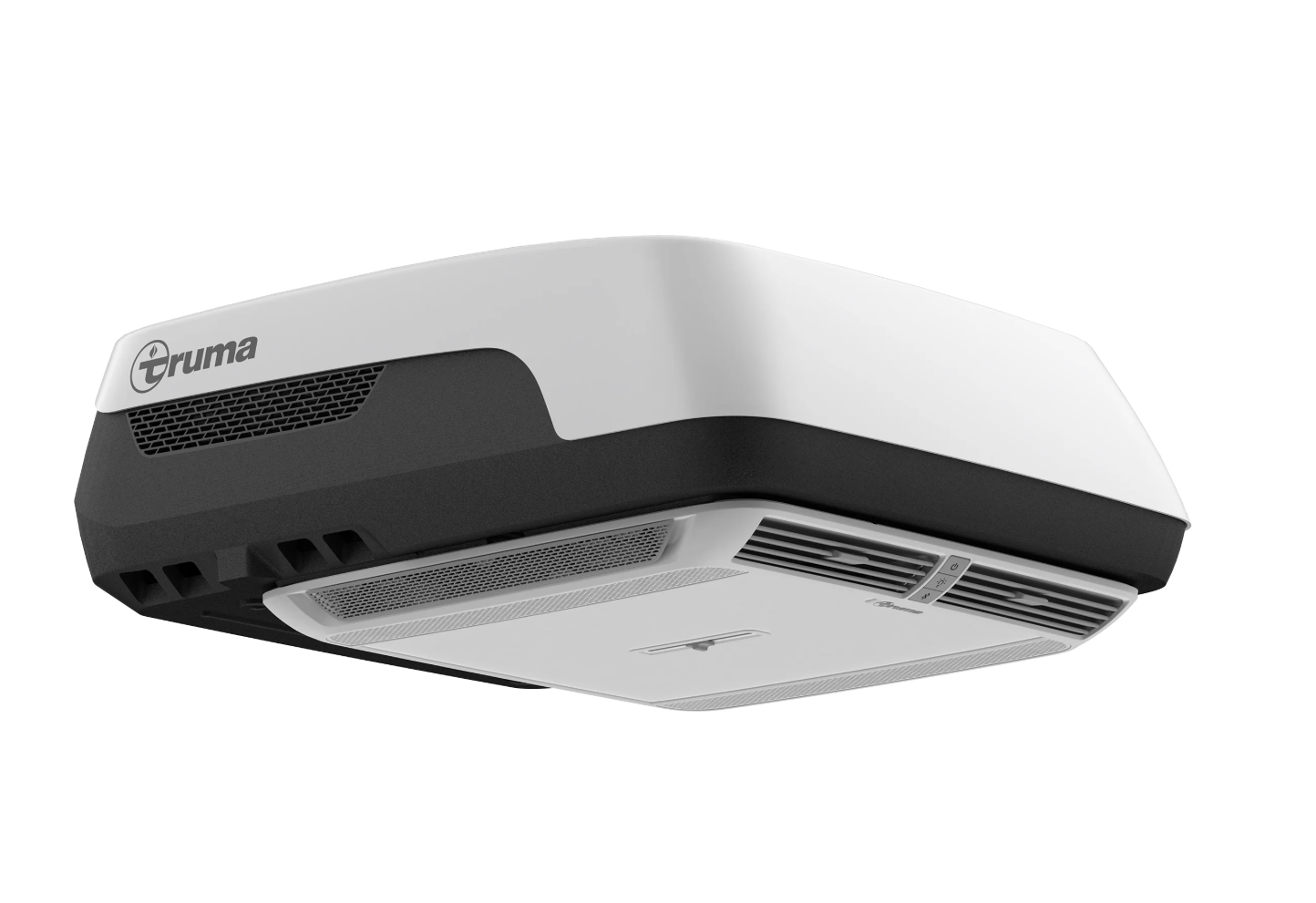 Truma roof-mounted campervan air conditioner with white and black housing, ventilation grilles.