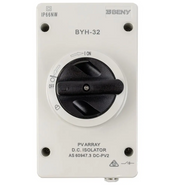 PV array DC isolator switch with black rotary handle for solar and off-grid systems