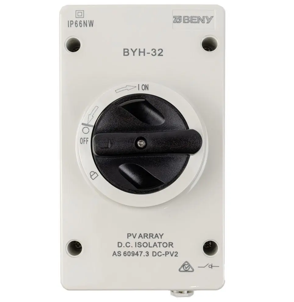 PV array DC isolator switch with black rotary handle for solar and off-grid systems