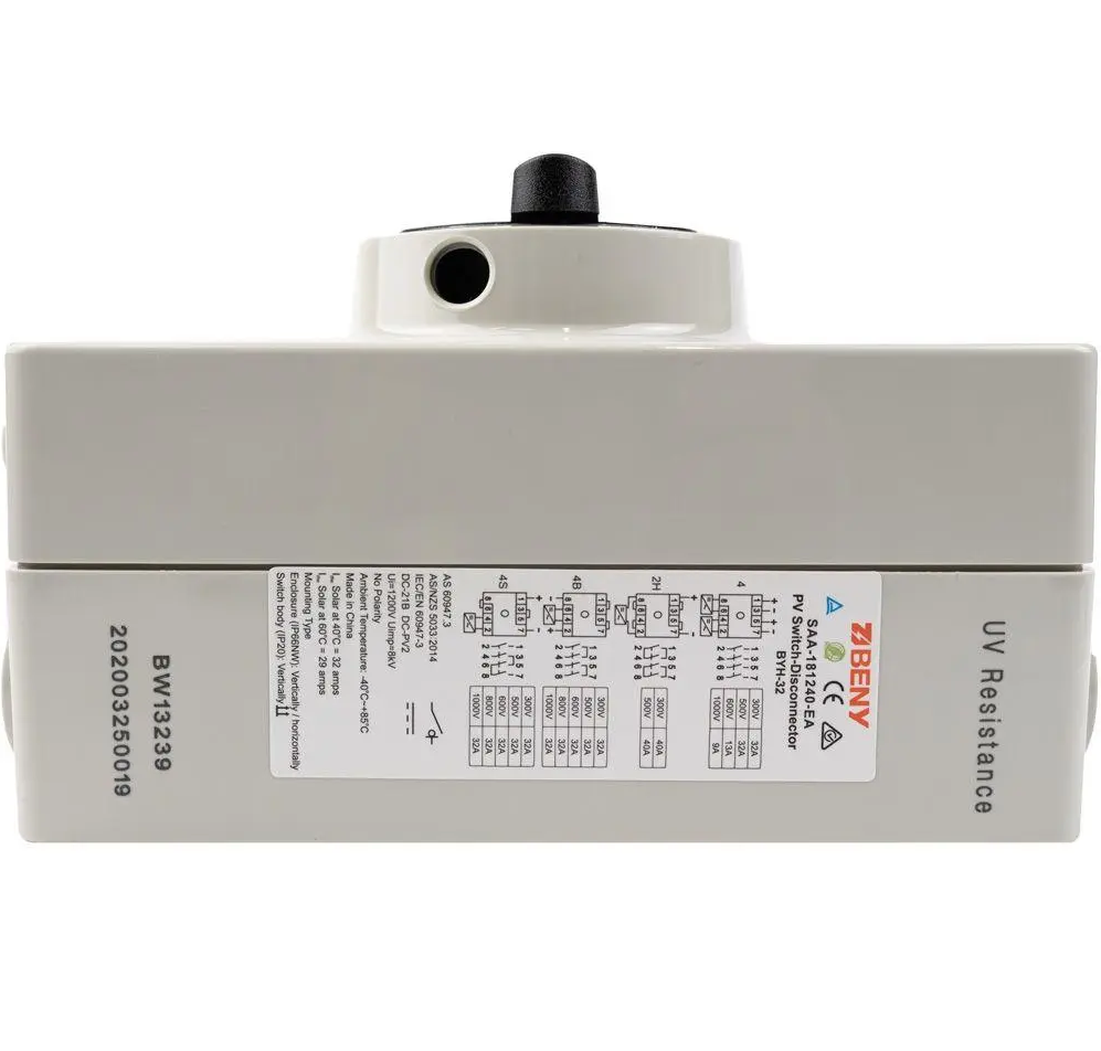 Grey PV isolator switch for campervan and off-grid solar setups with UV resistance label.
