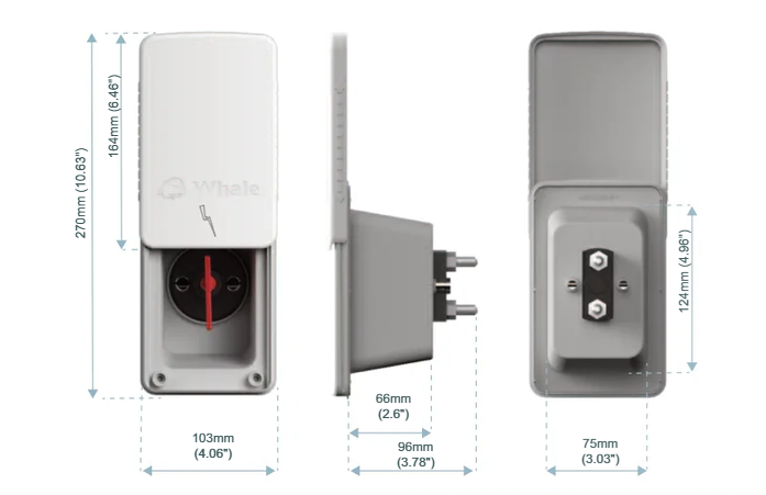 Whale external power socket with lid, plug connectors, and dimensions for campervan or marine use