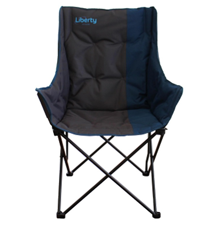Padded foldable camping chair with armrests, two-tone blue fabric, lightweight frame