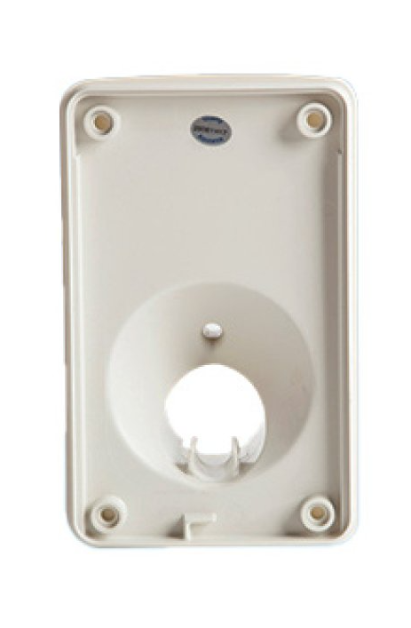 Rectangular white campervan cable hatch with circular cutout and four corner screw holes