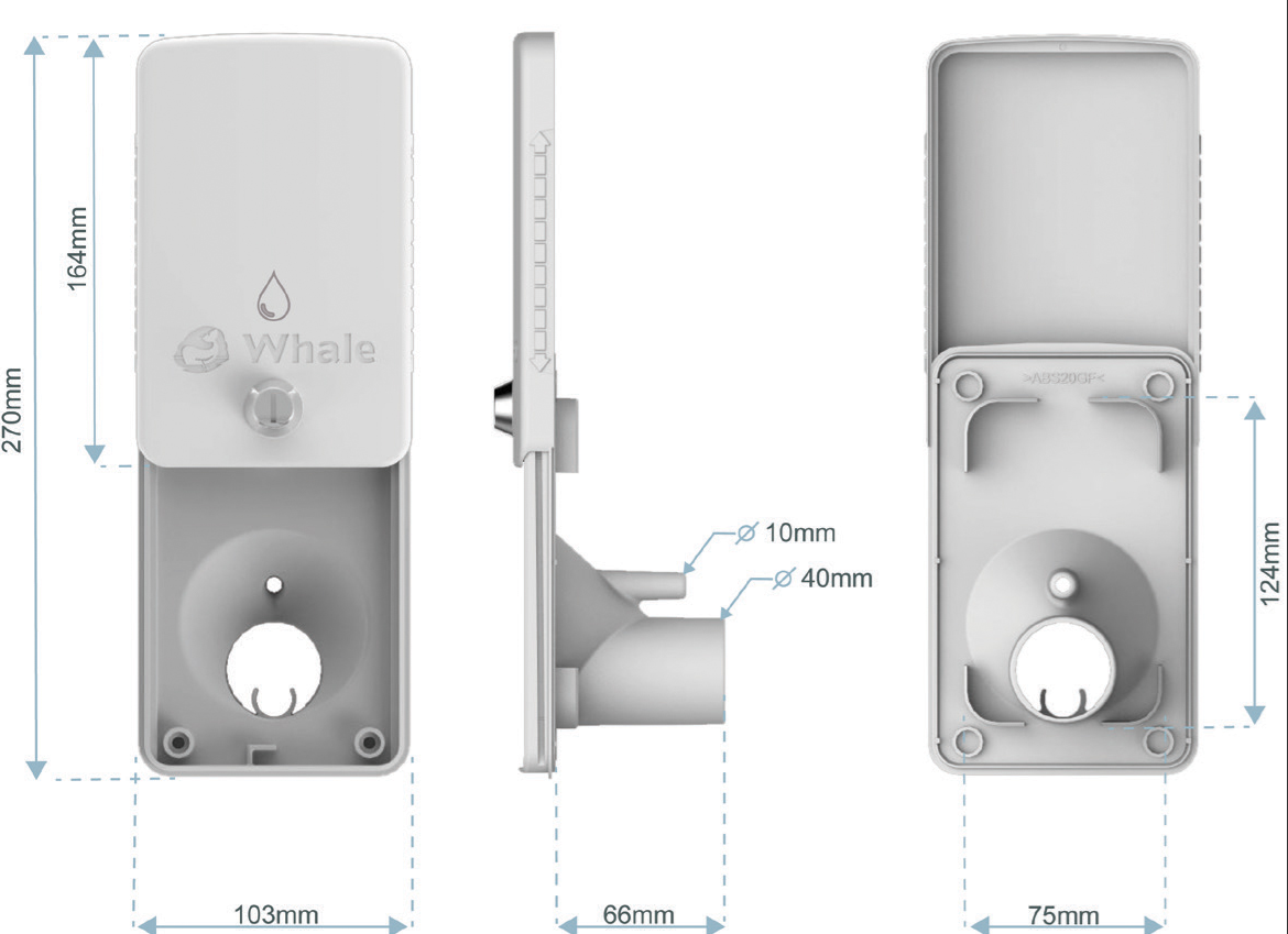 Campervan water inlet housing with dimensions, white plastic, side and front views