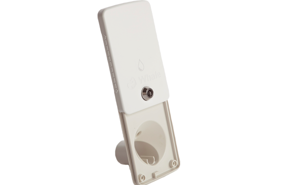 White campervan external water inlet socket with flip cover, ideal for off-grid setups