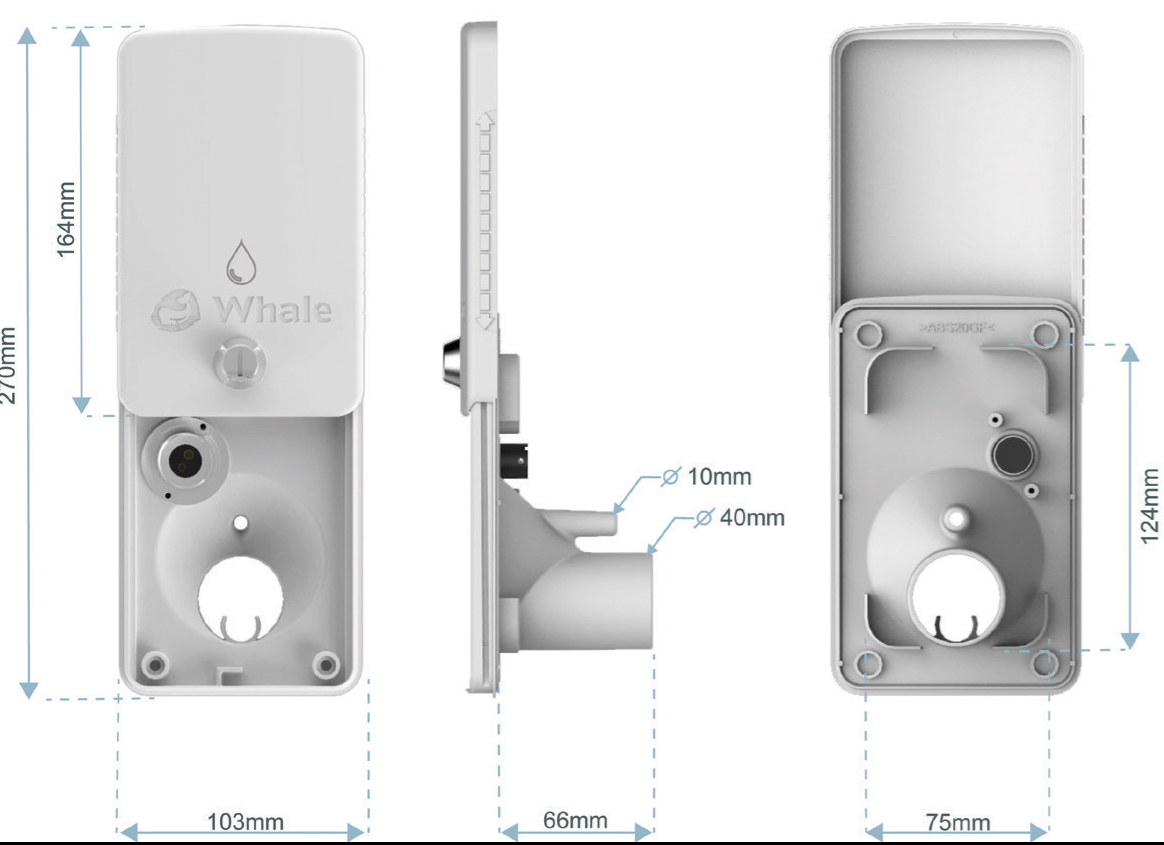 Campervan or marine external water inlet socket with cover, measurements labeled in millimeters