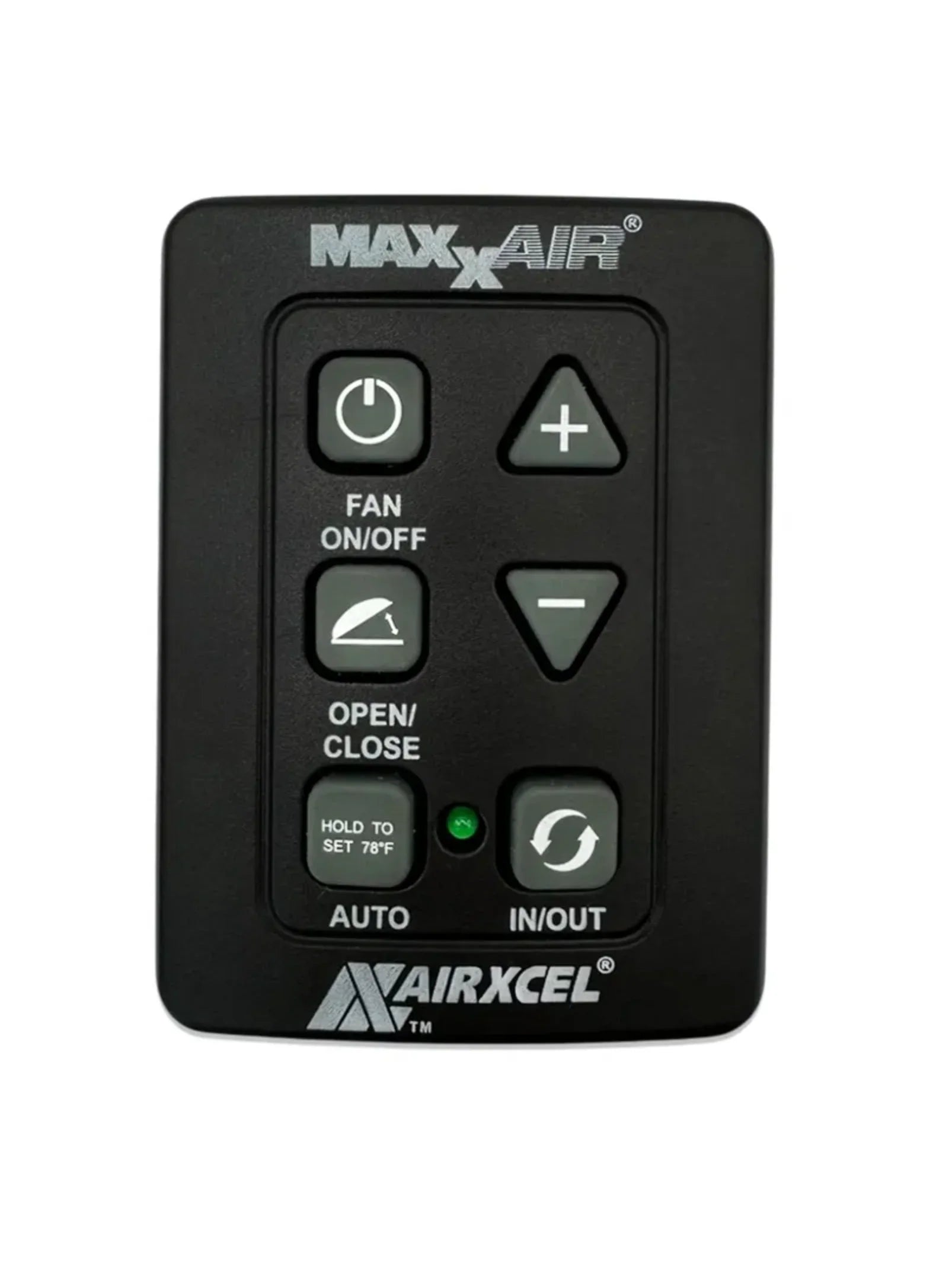 Maxxair campervan fan control panel with power, speed, and vent buttons