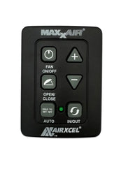 Maxxair campervan fan control panel with power, speed, and vent buttons