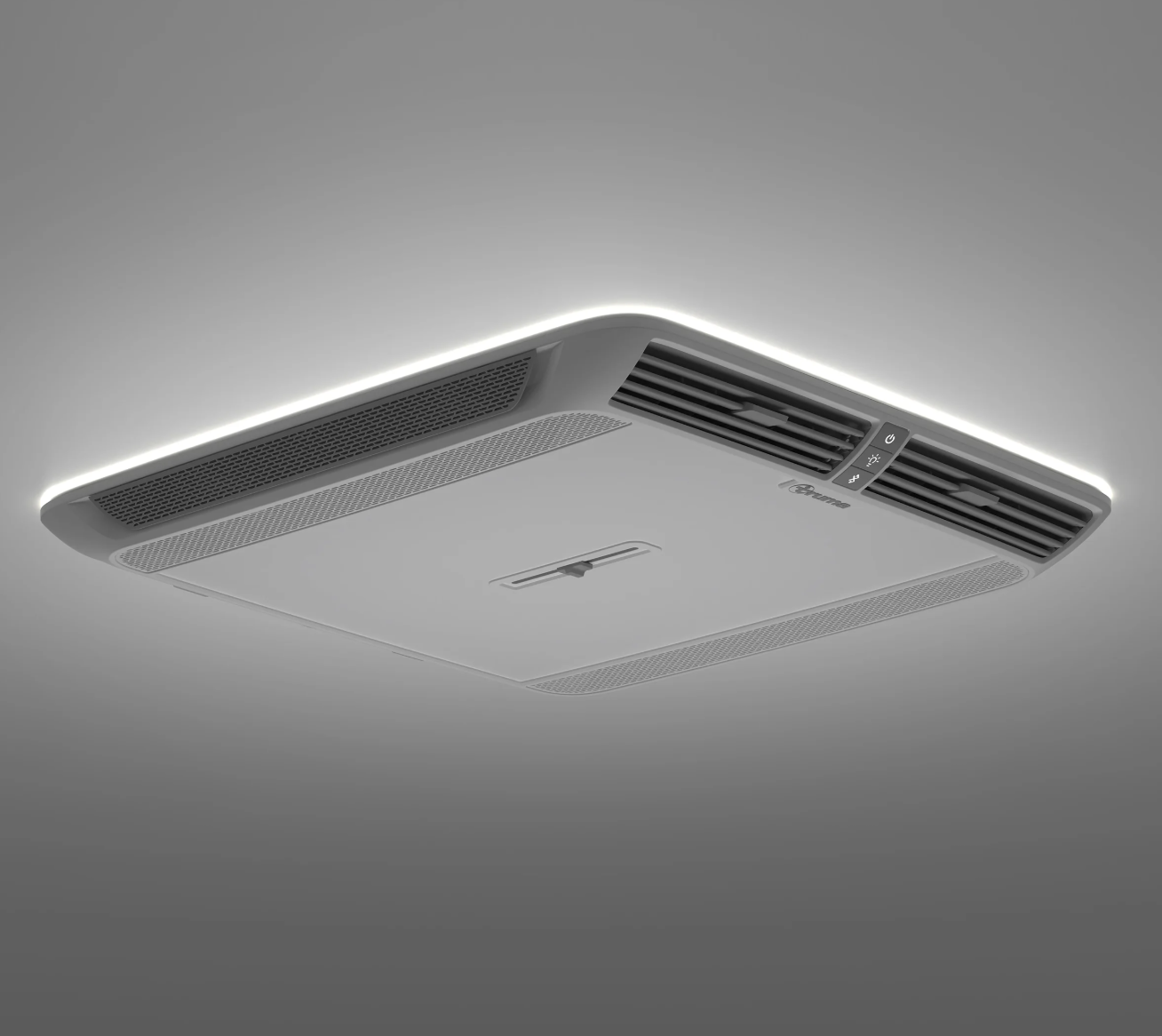 Campervan roof air conditioning unit with LED lighting and vent controls, ceiling mounted