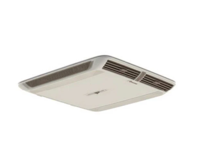 Slimline roof-mounted campervan air conditioner with vented panels on white background