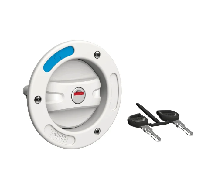 White locking water filler cap with two keys for campervan or marine use
