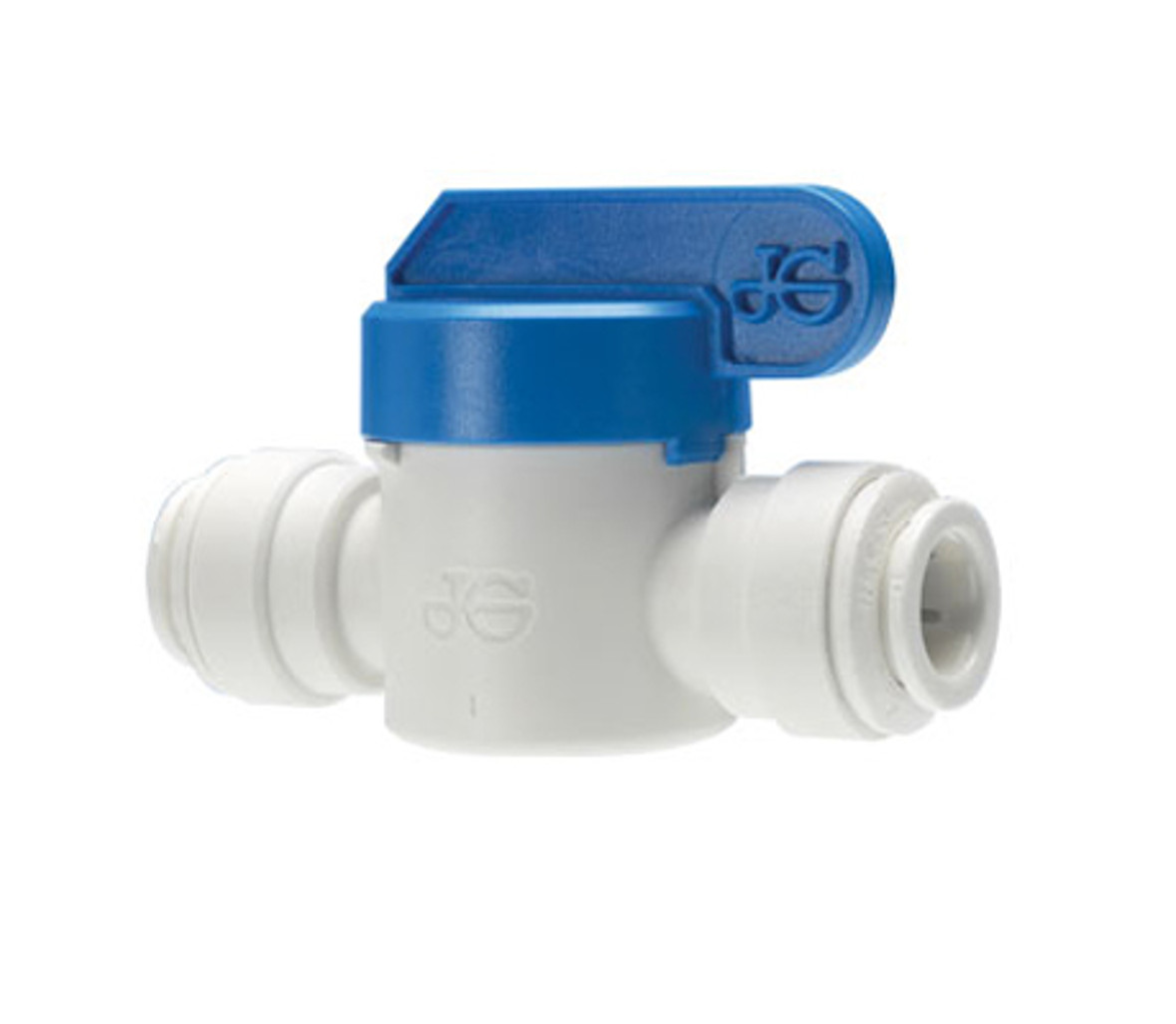 Push-fit plastic water shut-off valve with blue lever, suitable for campervan plumbing systems
