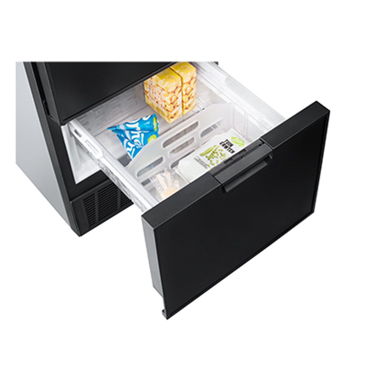 Open black drawer fridge freezer with assorted food for campervan or marine use