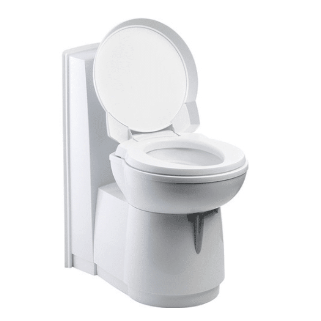 White cassette toilet with lid open, compact design for campervan or motorhome use
