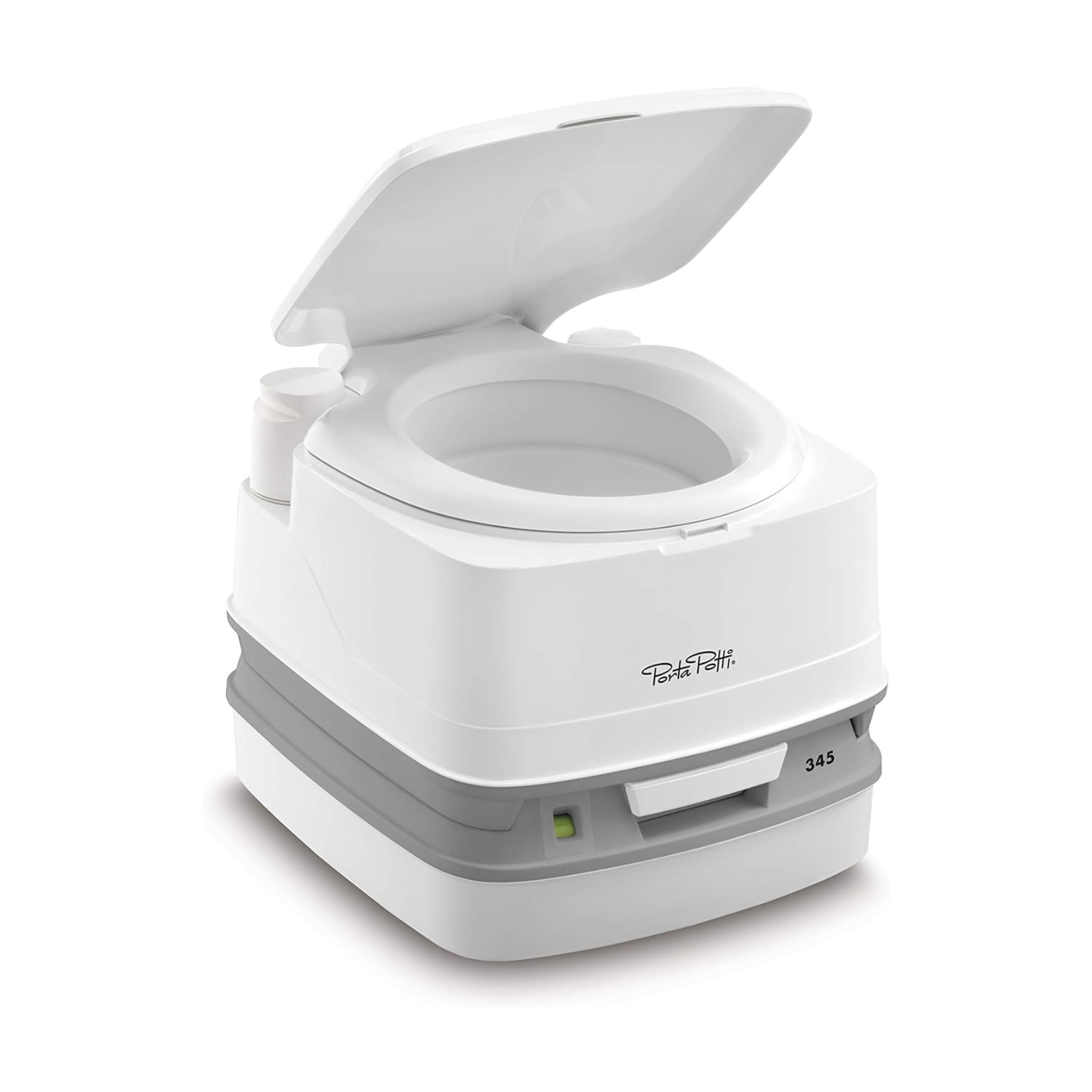 Portable camping toilet with lid open, ideal for campervan and off-grid use