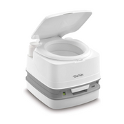 Portable camping toilet with lid open, ideal for campervan and off-grid use