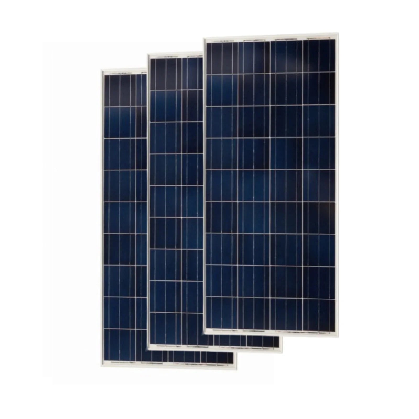 Three blue solar panels with grid pattern on a white background, ideal for off-grid power