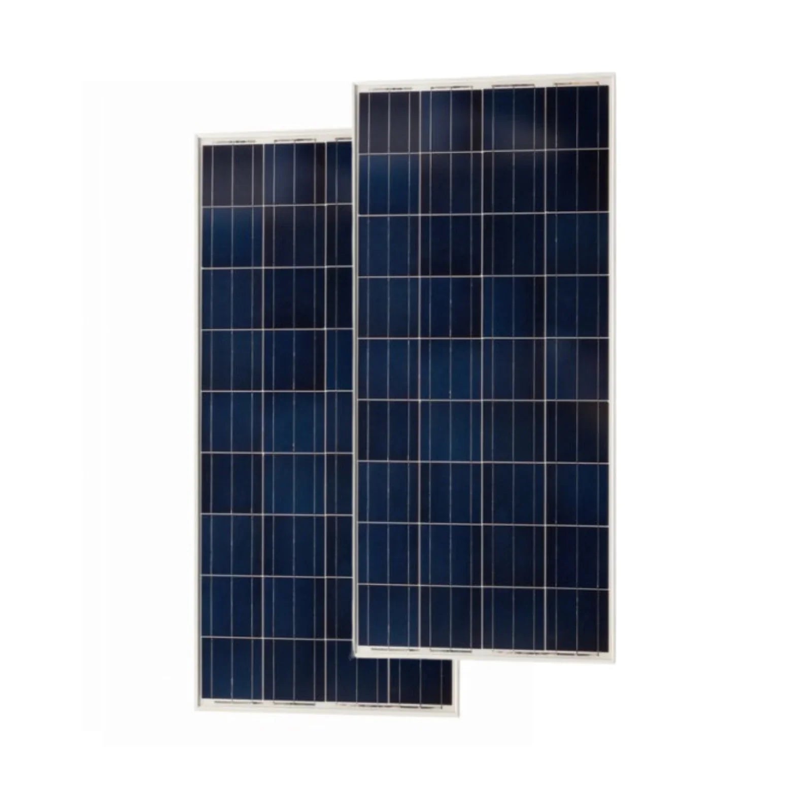 Two blue photovoltaic solar panels with white grid lines on a plain white background