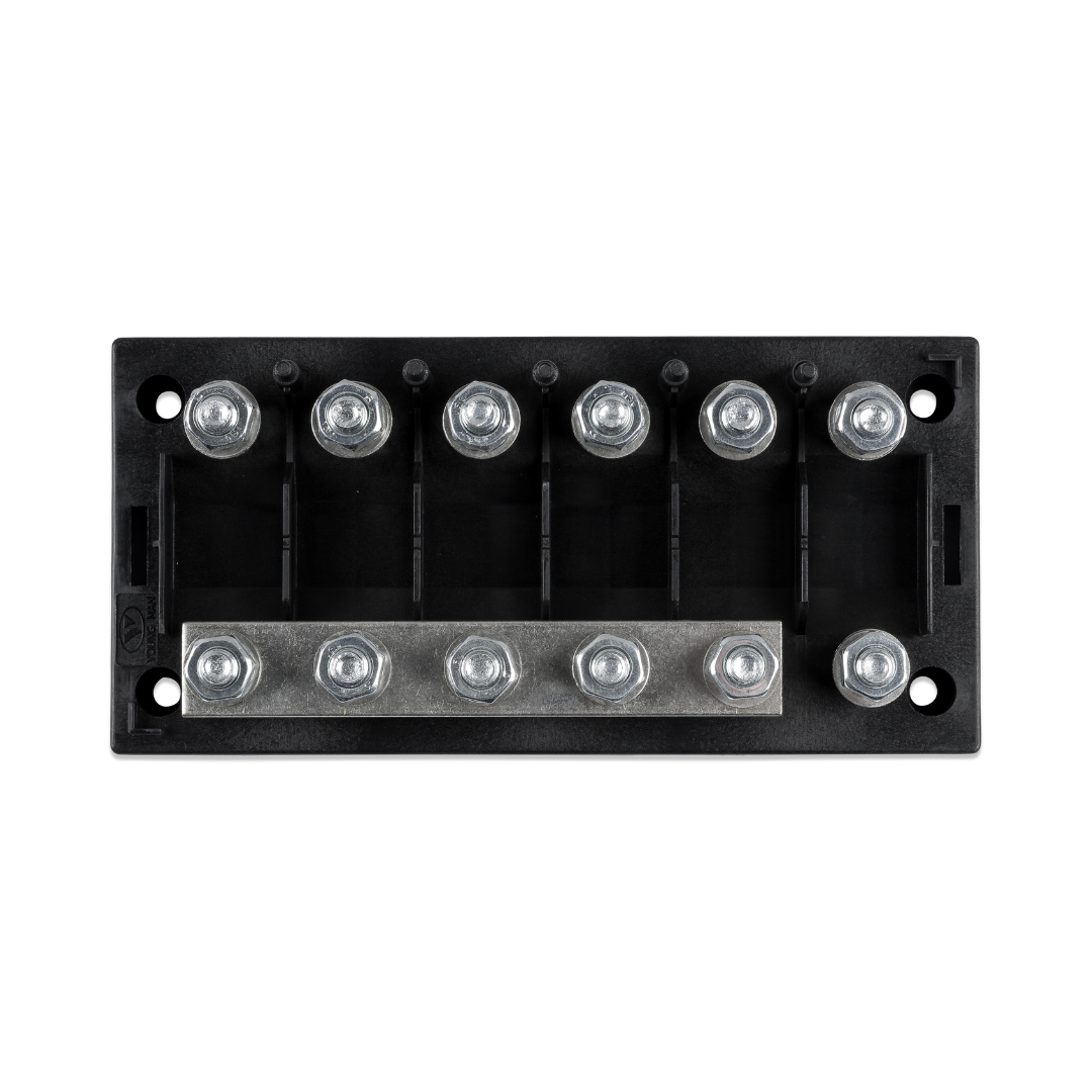 Six-way open fuse holder with metal connectors for campervan, off-grid electrical systems