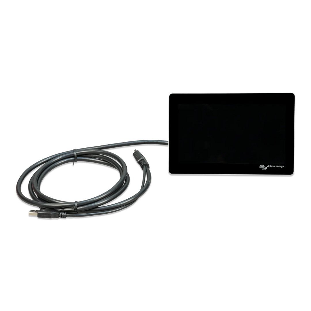 Flush-mounted touchscreen display with USB cable, ideal for campervan or marine electrical systems