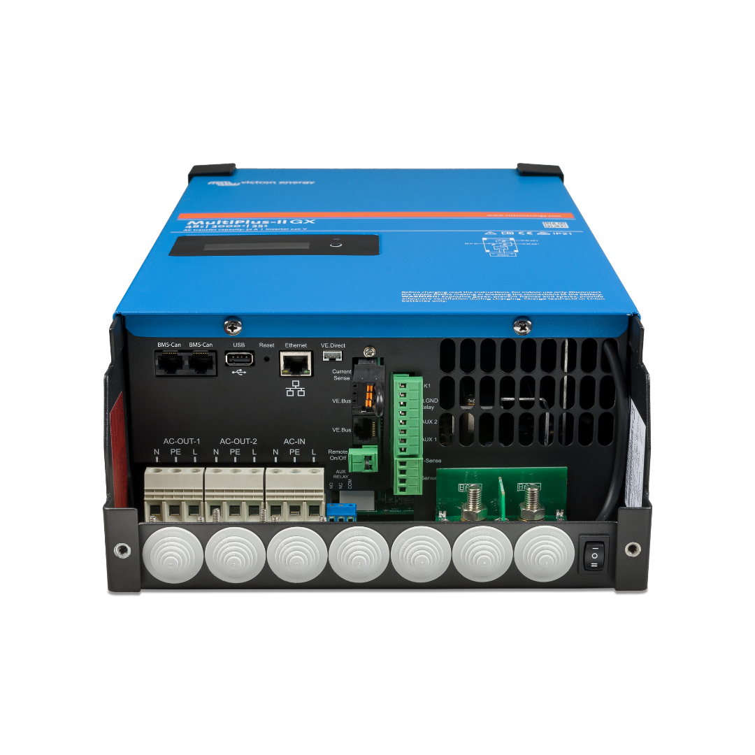 Blue power inverter charger with multiple ports and terminals for campervan or off-grid use