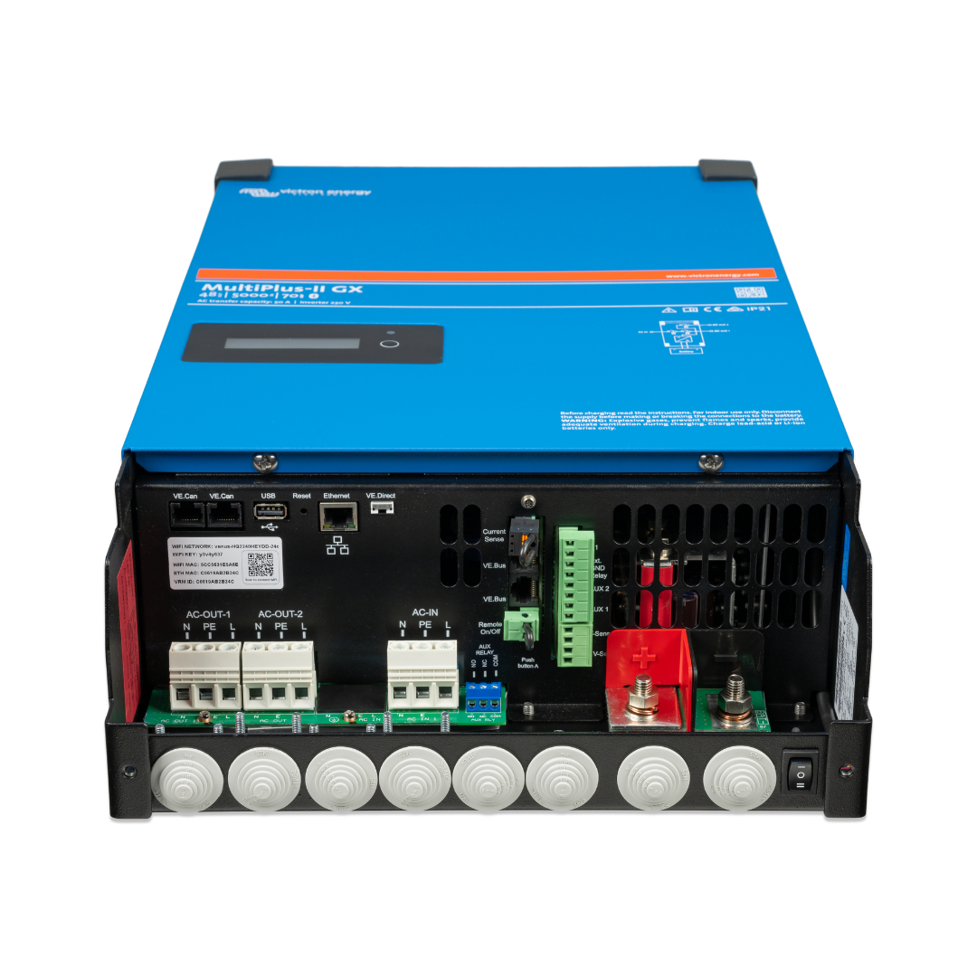 Blue MultiPlus-II GX inverter charger showing connection ports and wiring terminals