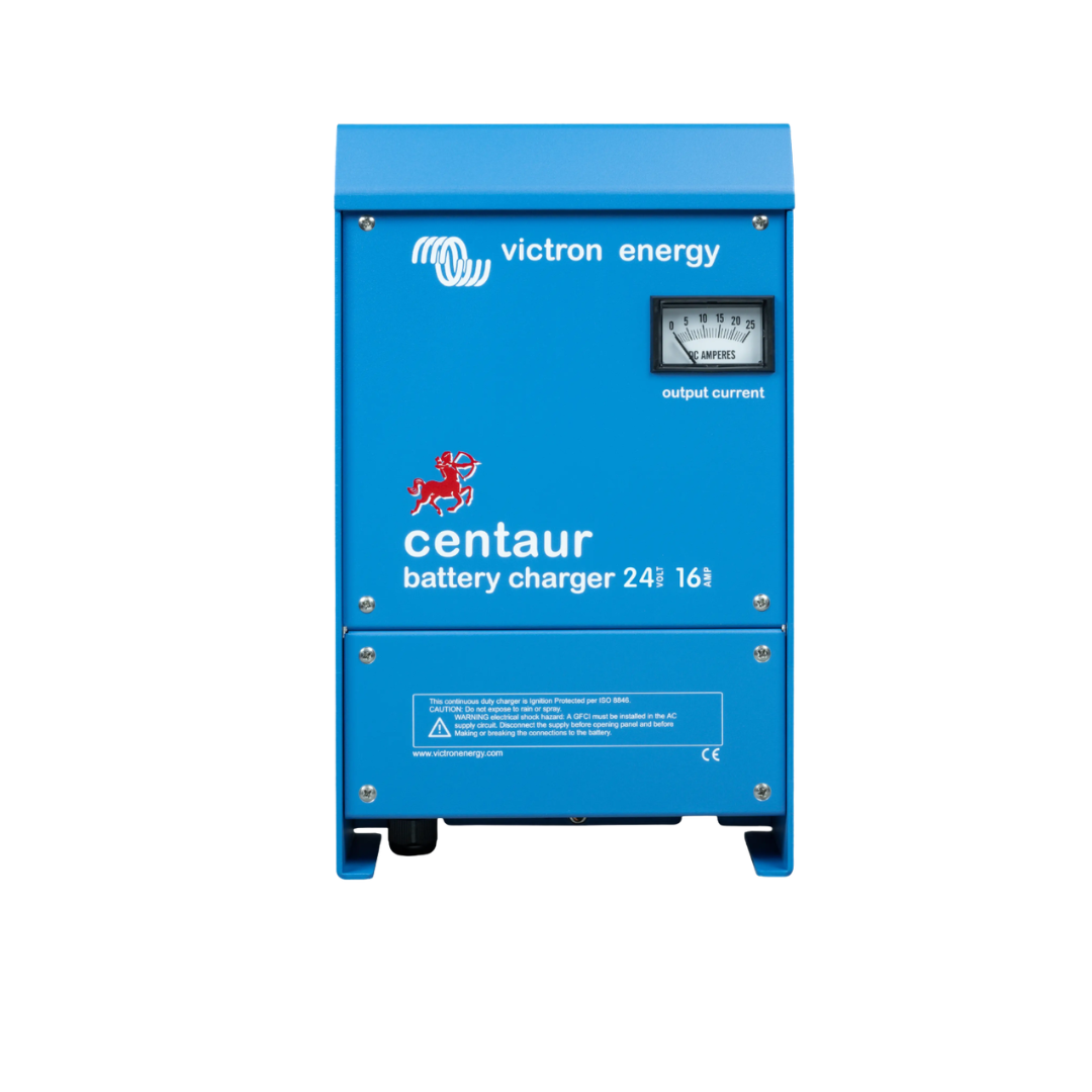 Victron Energy Centaur 24V 16A battery charger for campervan and marine use, featuring analog output current meter.