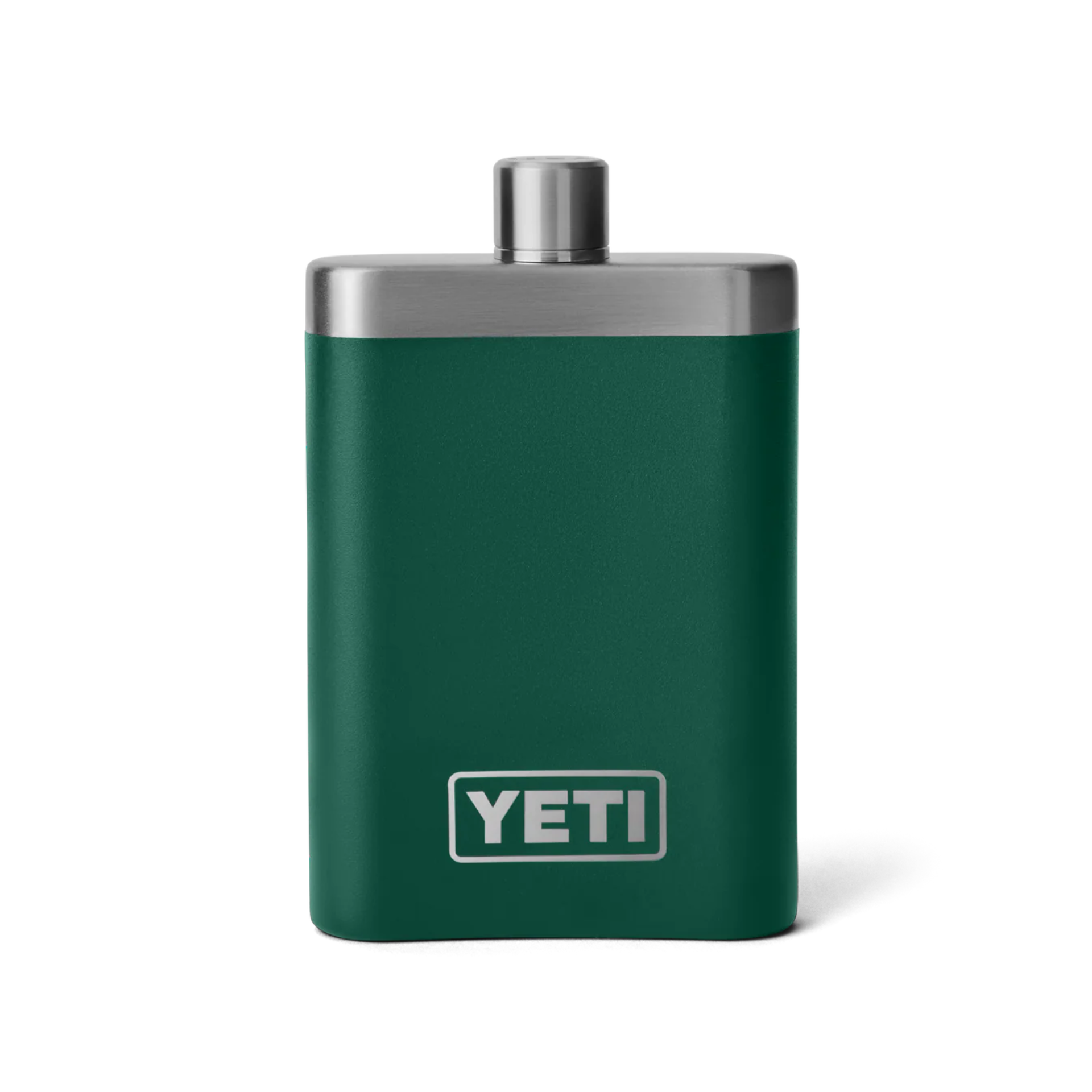 Forest green stainless steel flask with silver cap and YETI logo on front