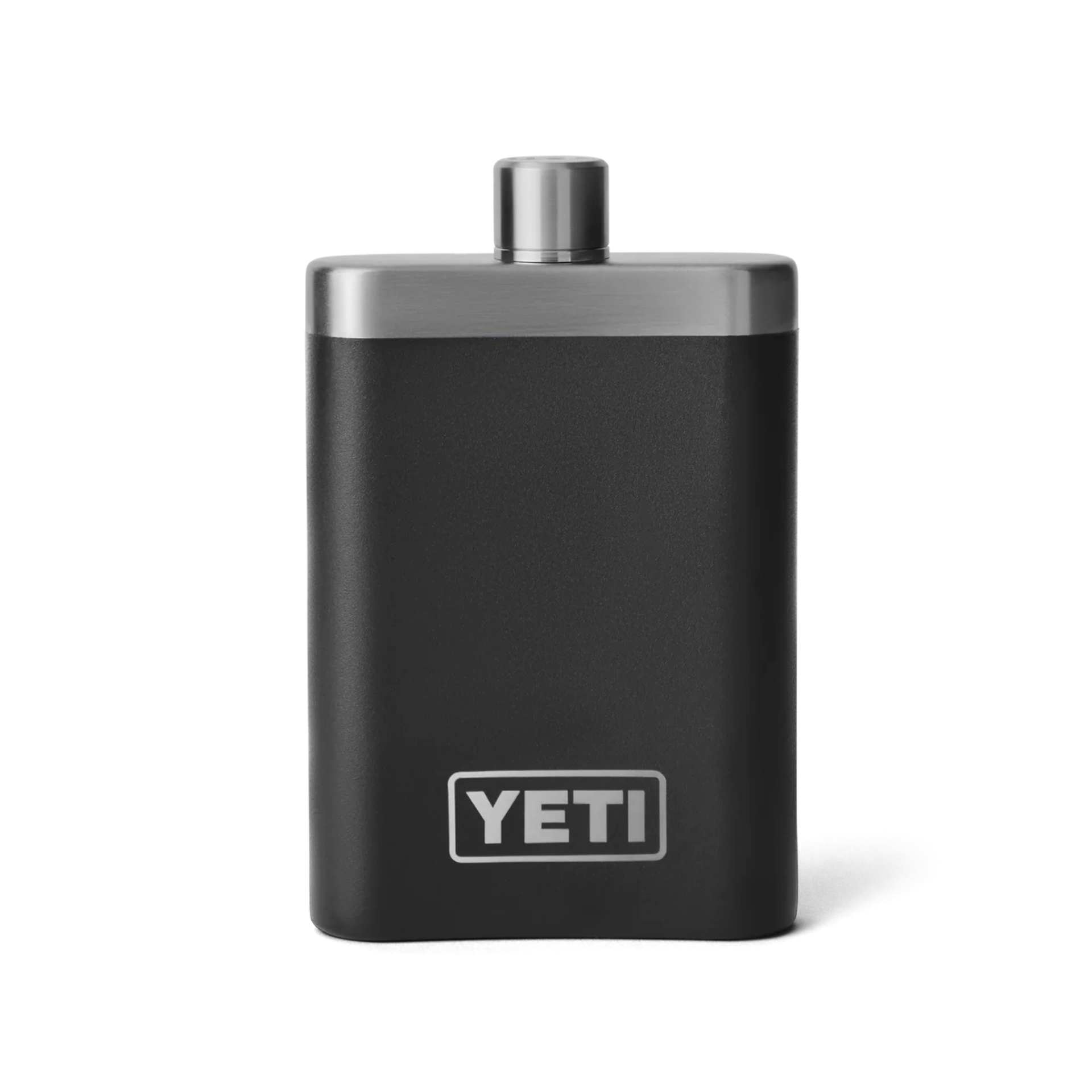 Black stainless steel flask with silver cap and 'YETI' logo, isolated on white background