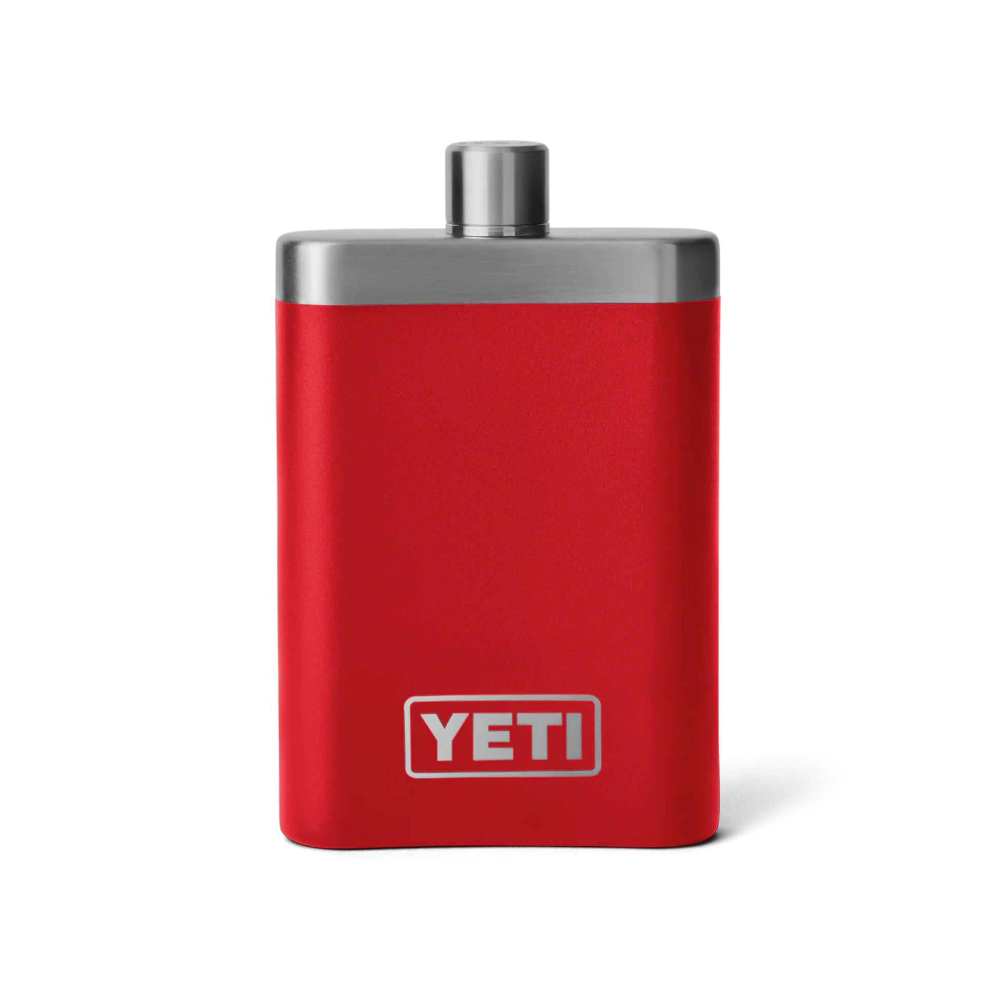 red stainless steel flask with silver cap and YETI logo, isolated on white background