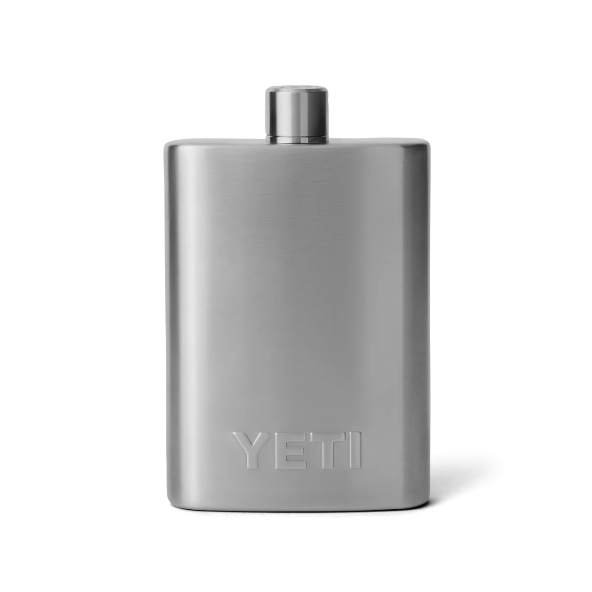 Stainless steel hip flask with embossed logo, minimalist bottle on white background