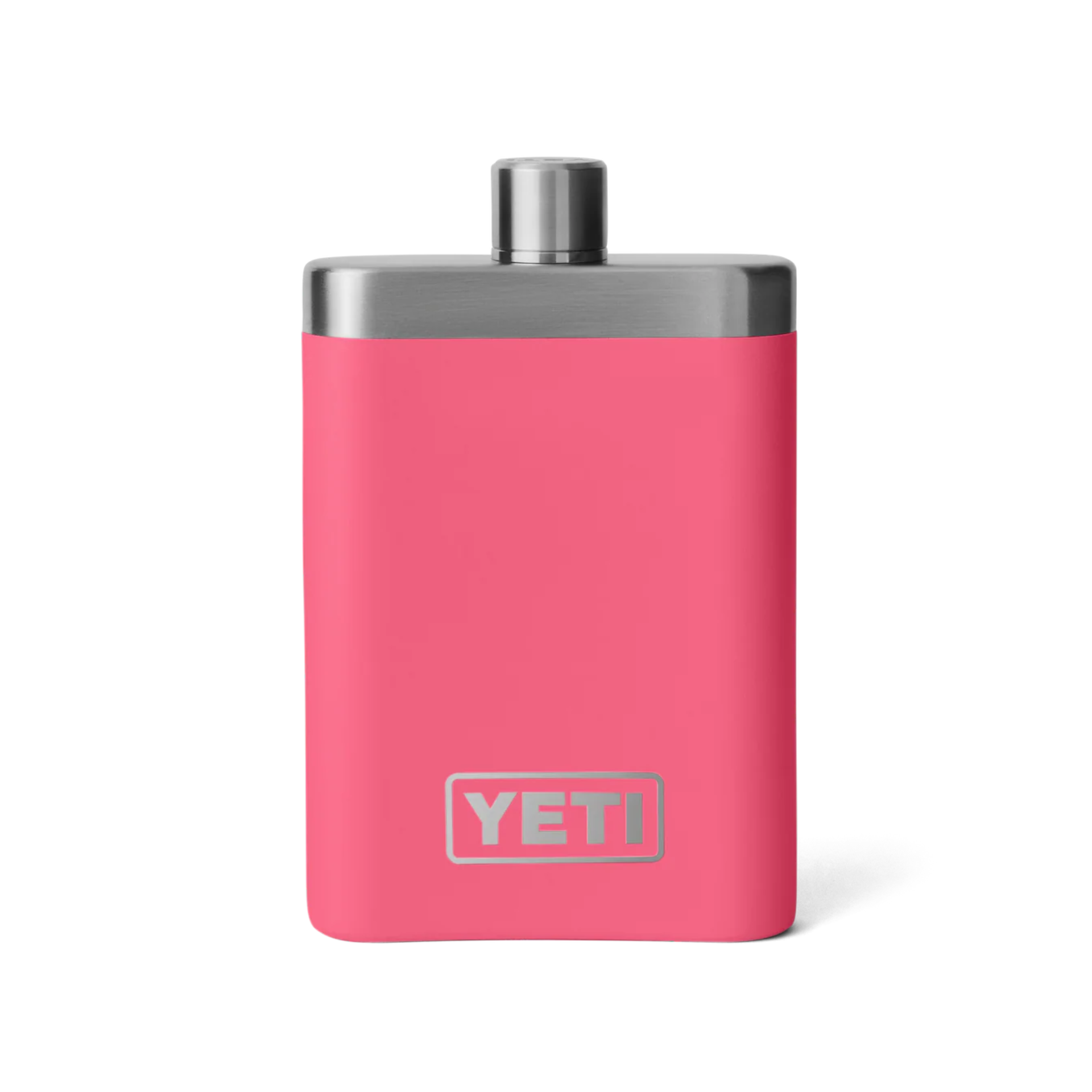Stainless steel flask with tropical pink finish and visible YETI logo, isolated on white