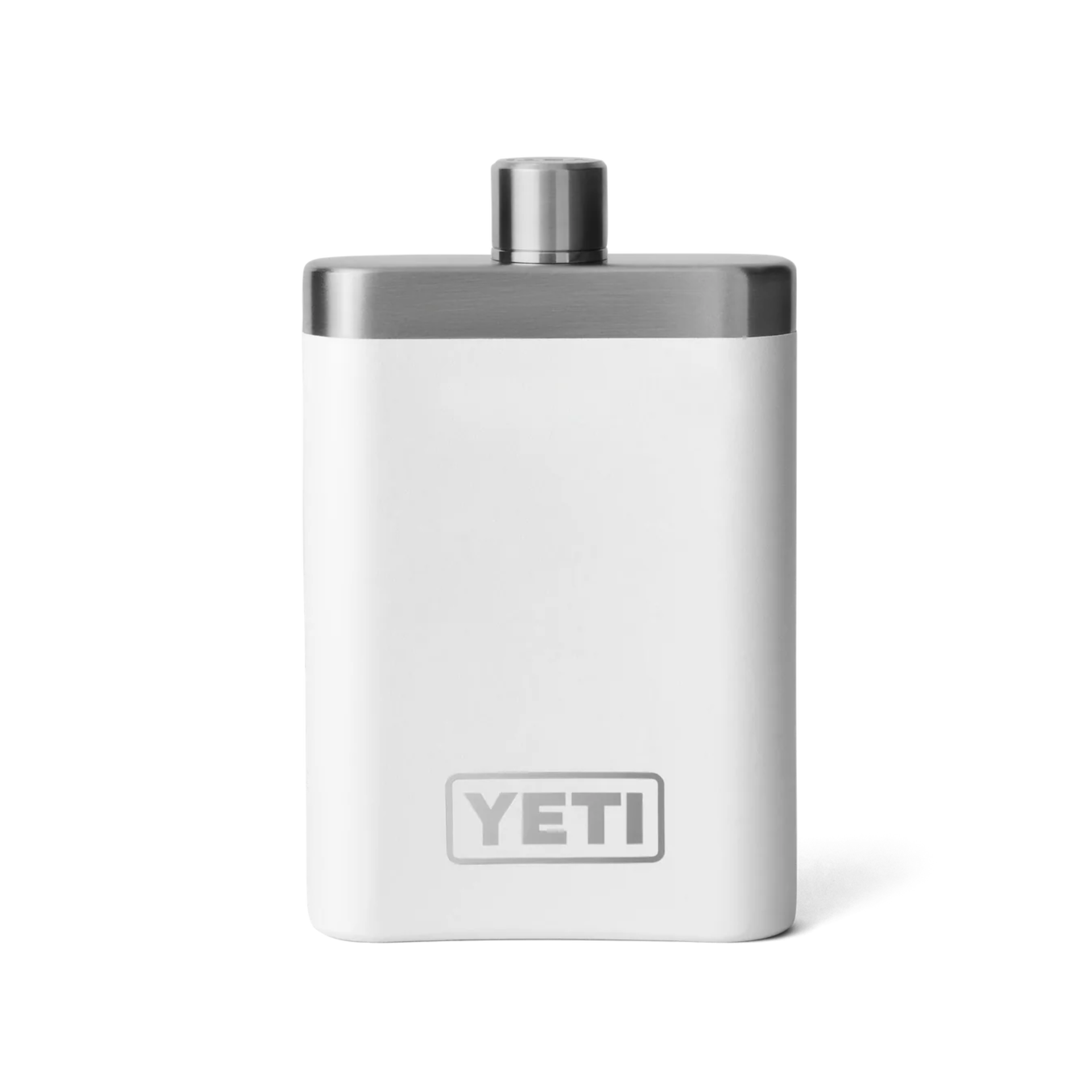 White stainless steel hip flask with metal cap on plain background