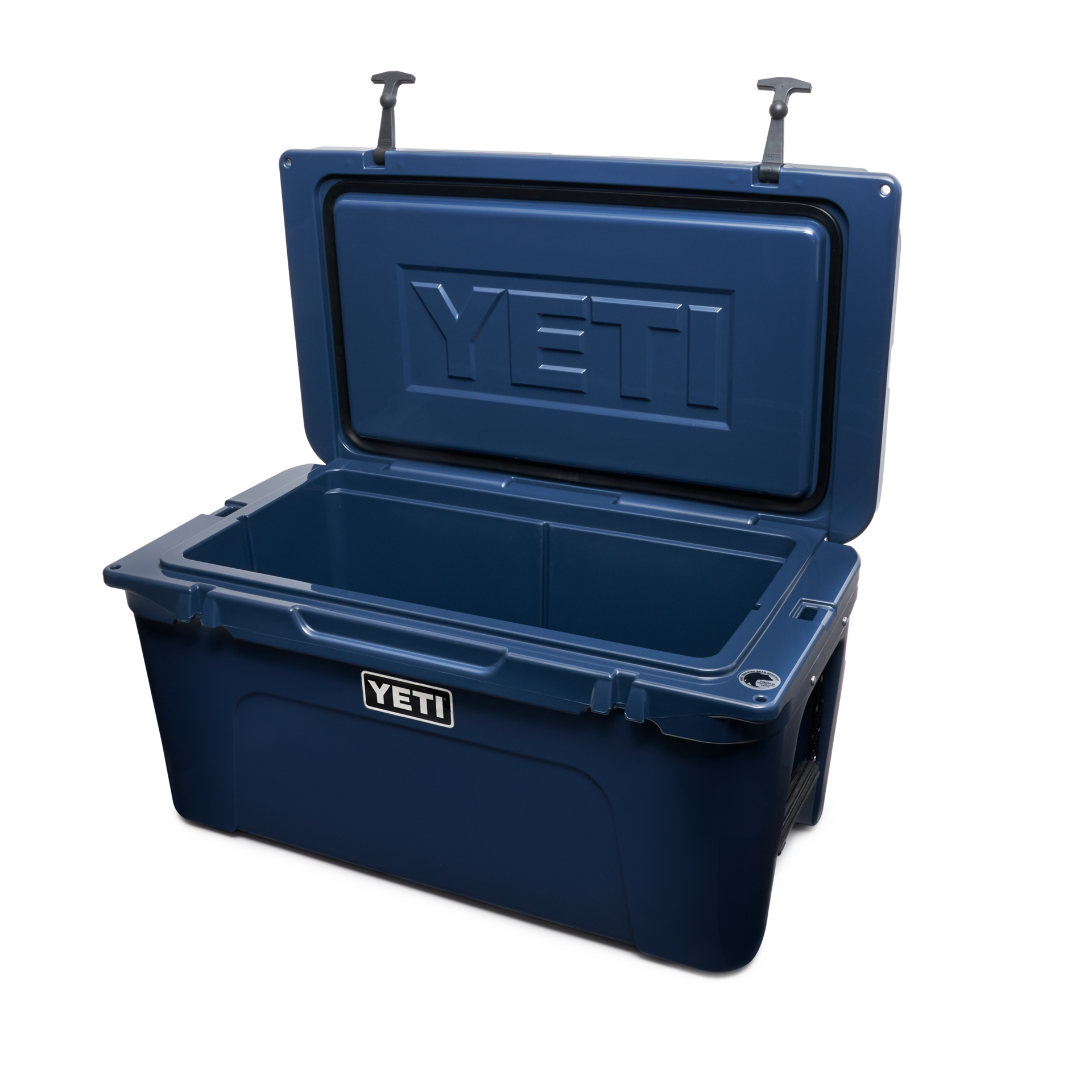 Navy blue 65L cool box with open lid, durable design for camping and outdoor adventures