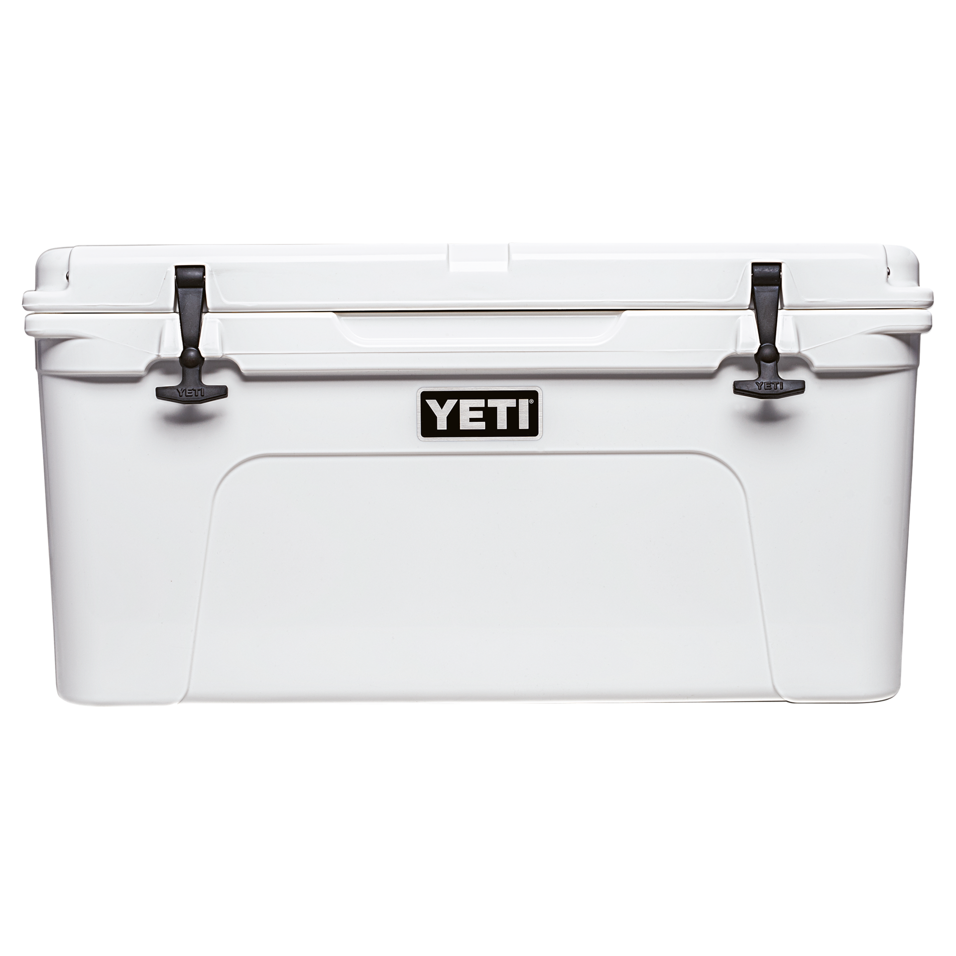 Large white cool box with black latches, outdoor camping and marine storage.