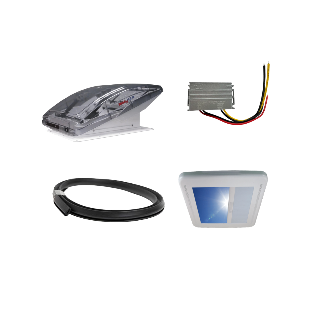 MaxxFan roof vent with solar panel, power converter, and sealing gasket for campervan ventilation